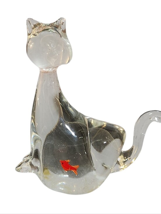 Other - MCM Glass Cat with Orange Fish in Belly Vintage 6.5 inches Tall Paperweight
